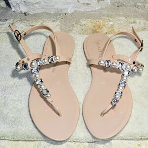Stuart Weitzman Sequin Goldie Jelly T-Strap Sandals Beige Slingback Beaded Sz 9